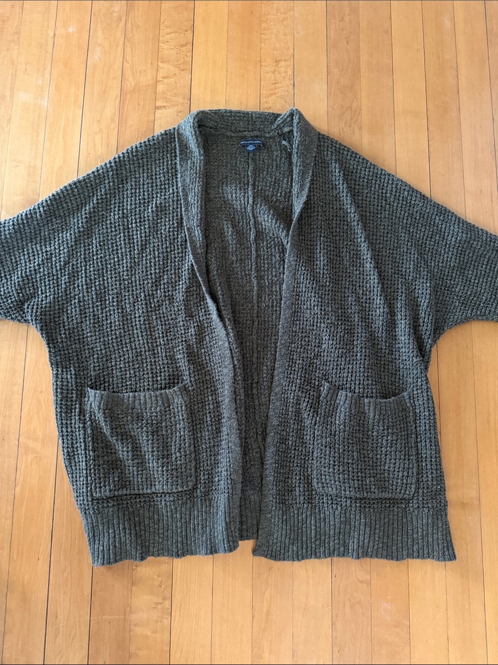 American Eagle Open Front Waffle Knit Cardigan in Olive Gray